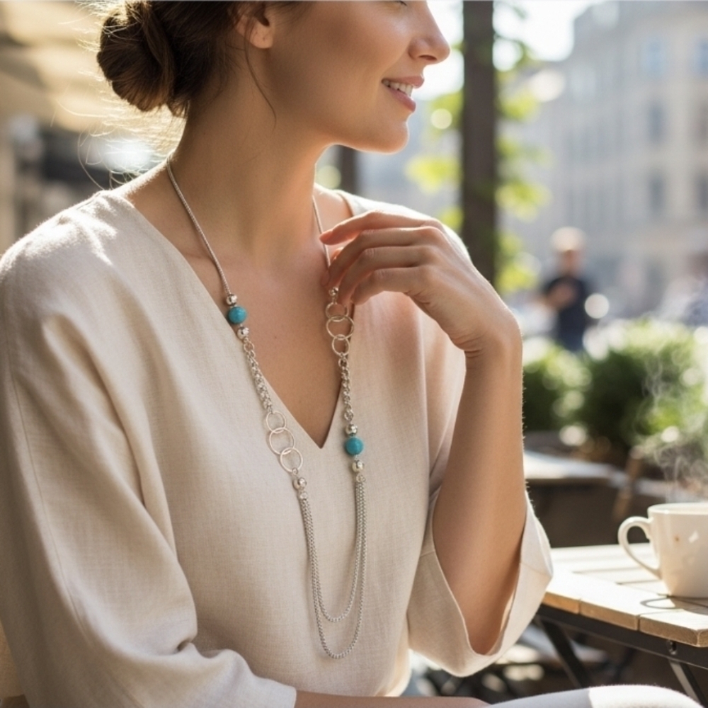 Long Necklace Western Style Turquoise Color Beads